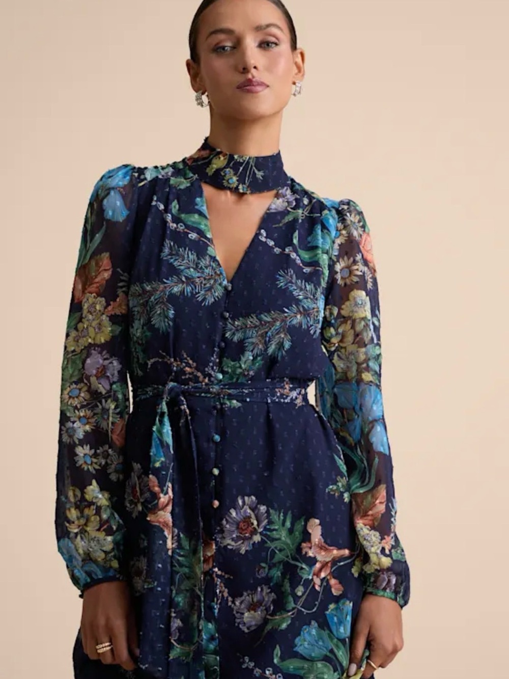 Lulu's Navy Floral Long-Sleeve Choker Tie-Waist Dress